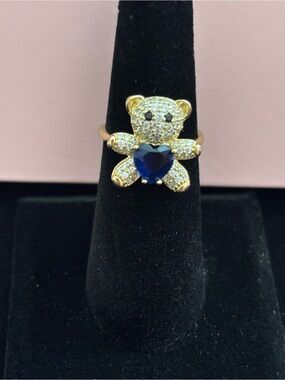 Gold Plated Teddy Bear Ring with Blue Heart Crystal